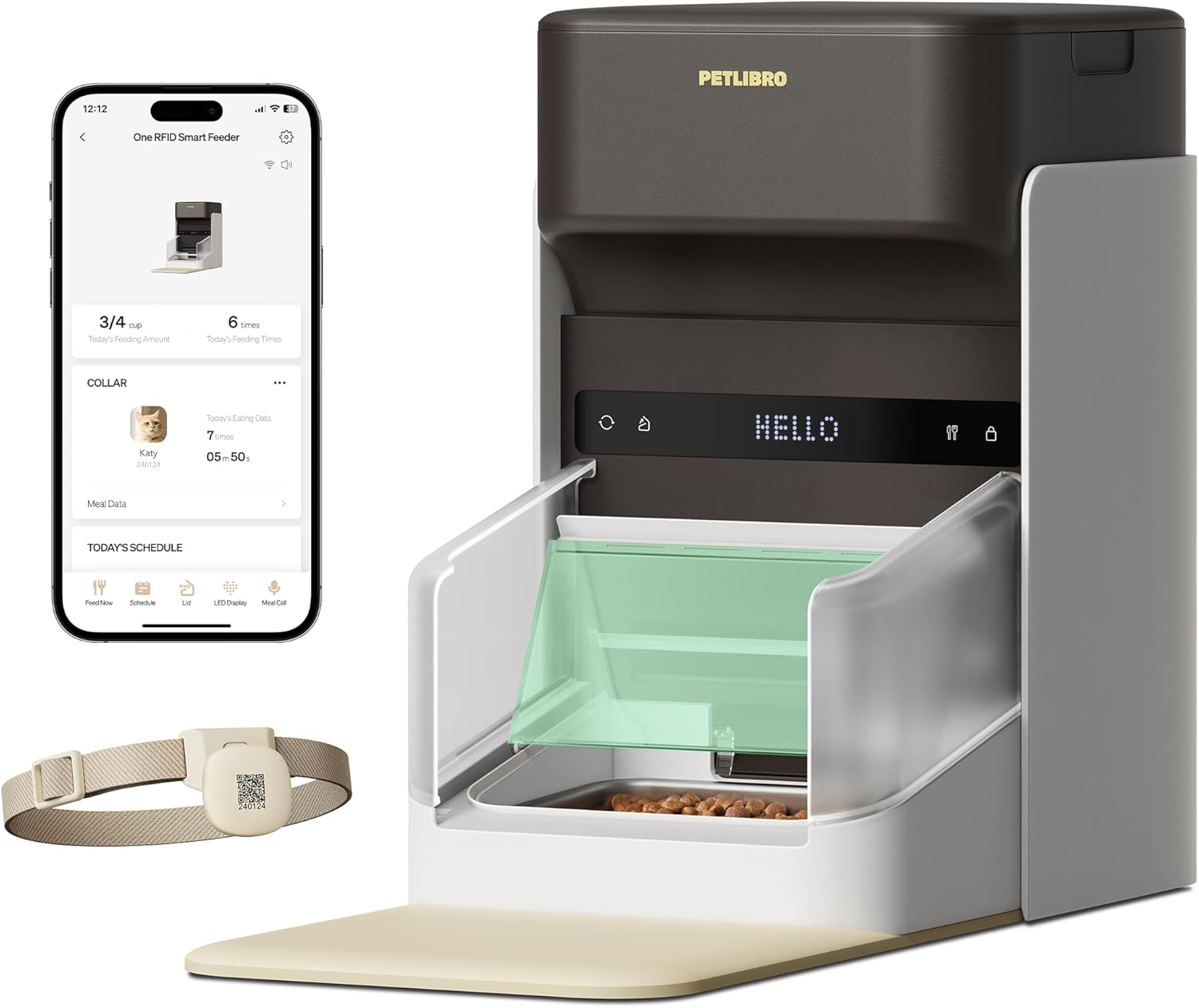 Modern dark brown and cream smart pet feeder, phone app, RFID collar, and ceramic bowl.