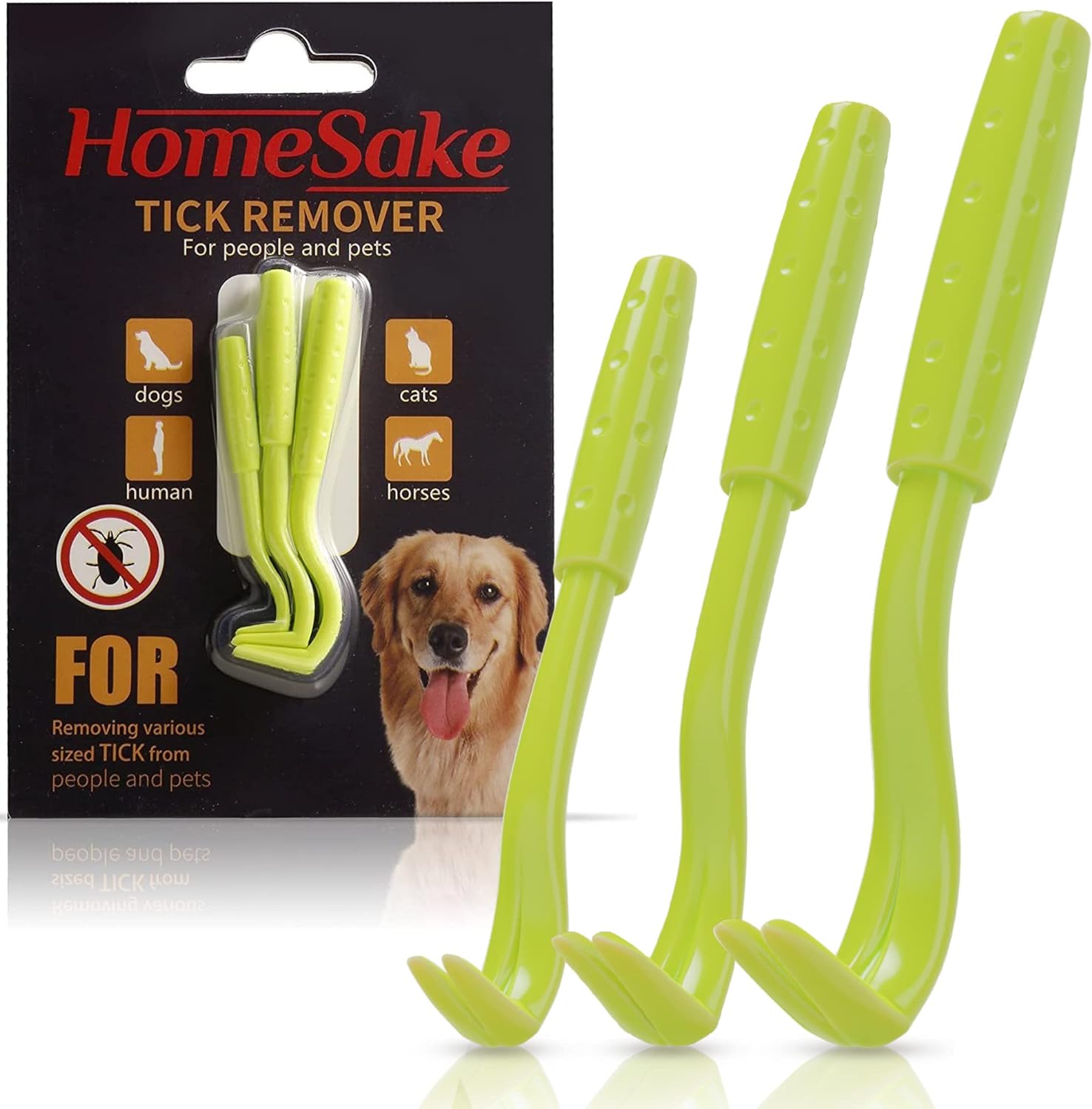 Three lime green tick removers, small, medium, and large, artfully arranged on a pure white background.