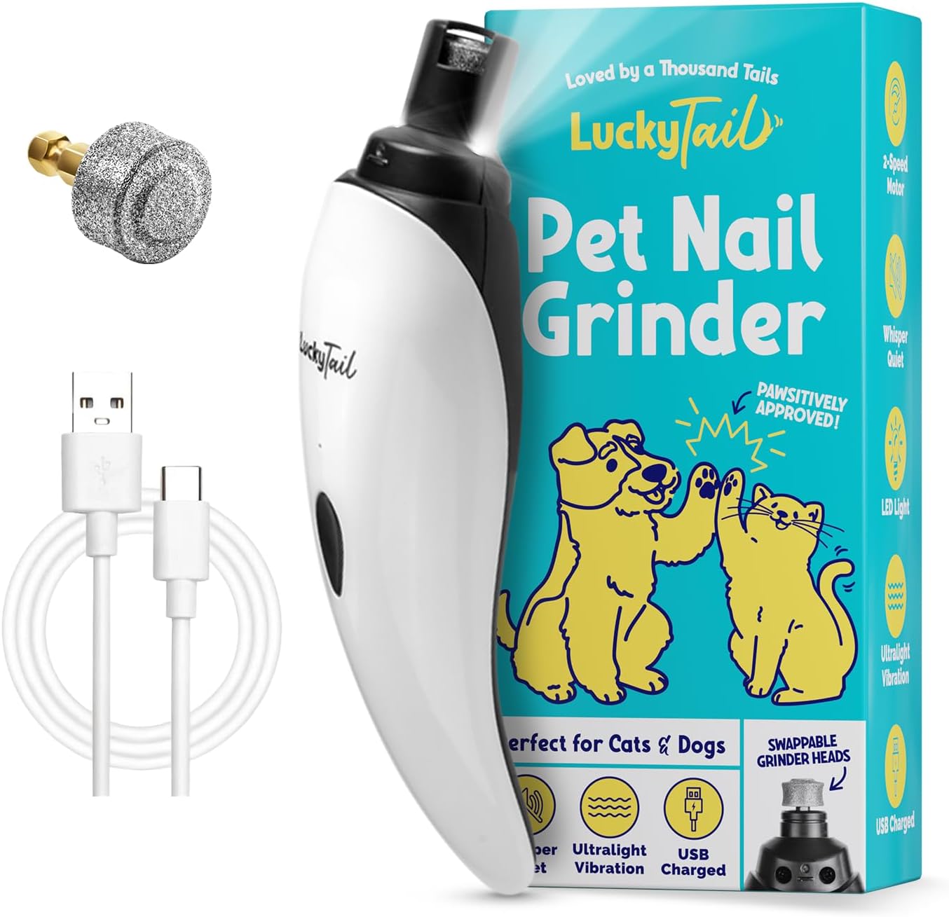 White and black pet nail grinder, replacement head, USB cable, colorful box, and cleaning brush on light gray.