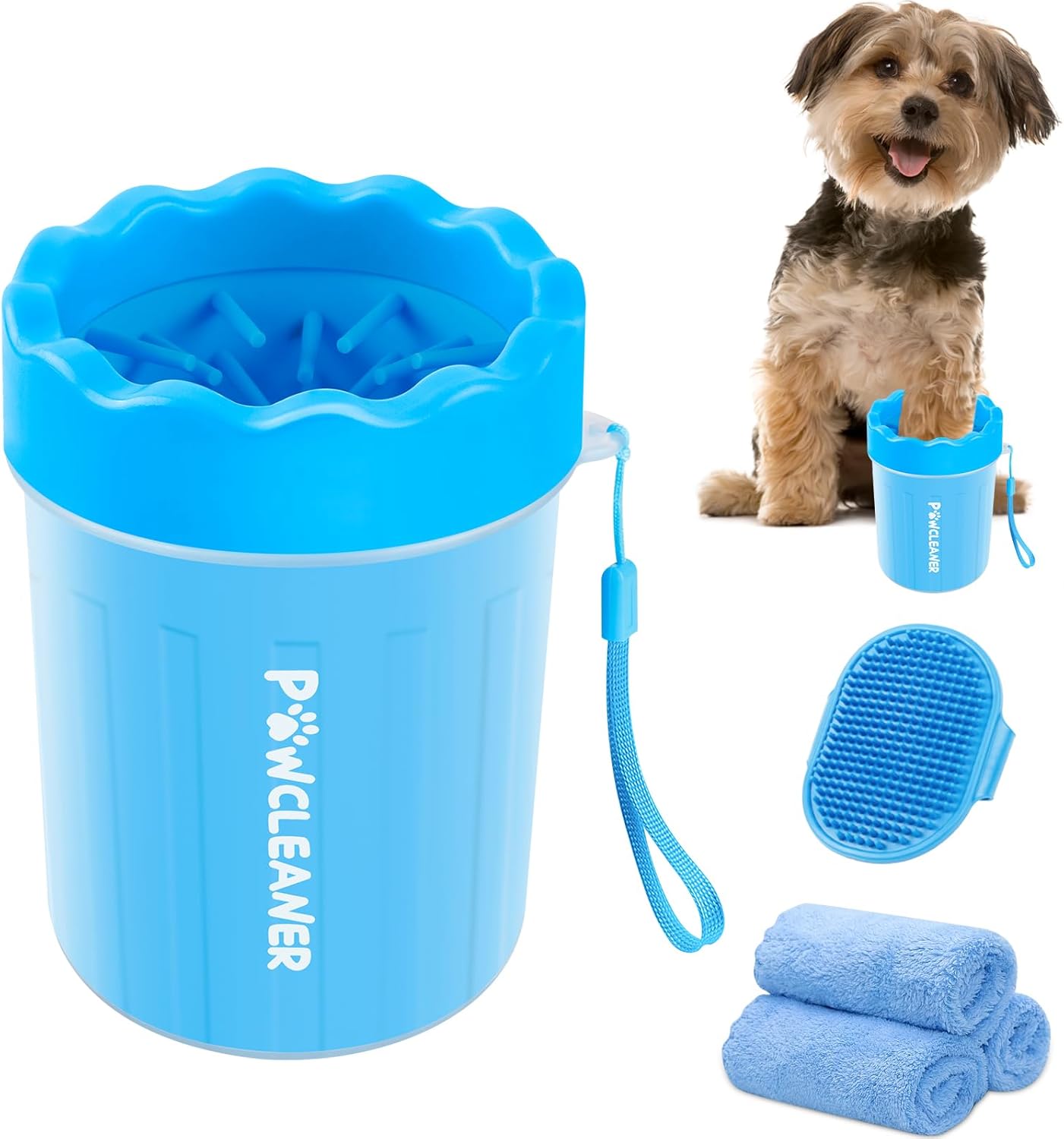Blue pet grooming kit featuring paw cleaner, brush, two towels, and a small dog demonstrating cup use.