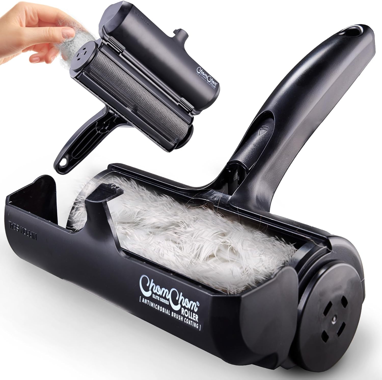 Three distinct black pet hair remover rollers, one full of white fur, on a clean gray studio backdrop.