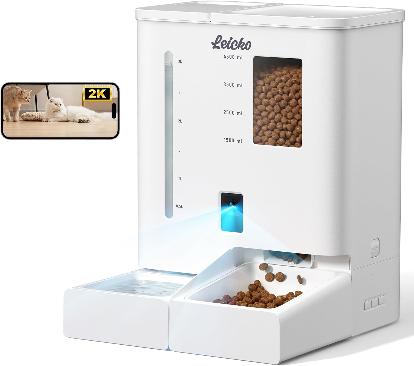 Sleek white automatic pet feeder with camera and transparent kibble window, next to a smart water fountain.