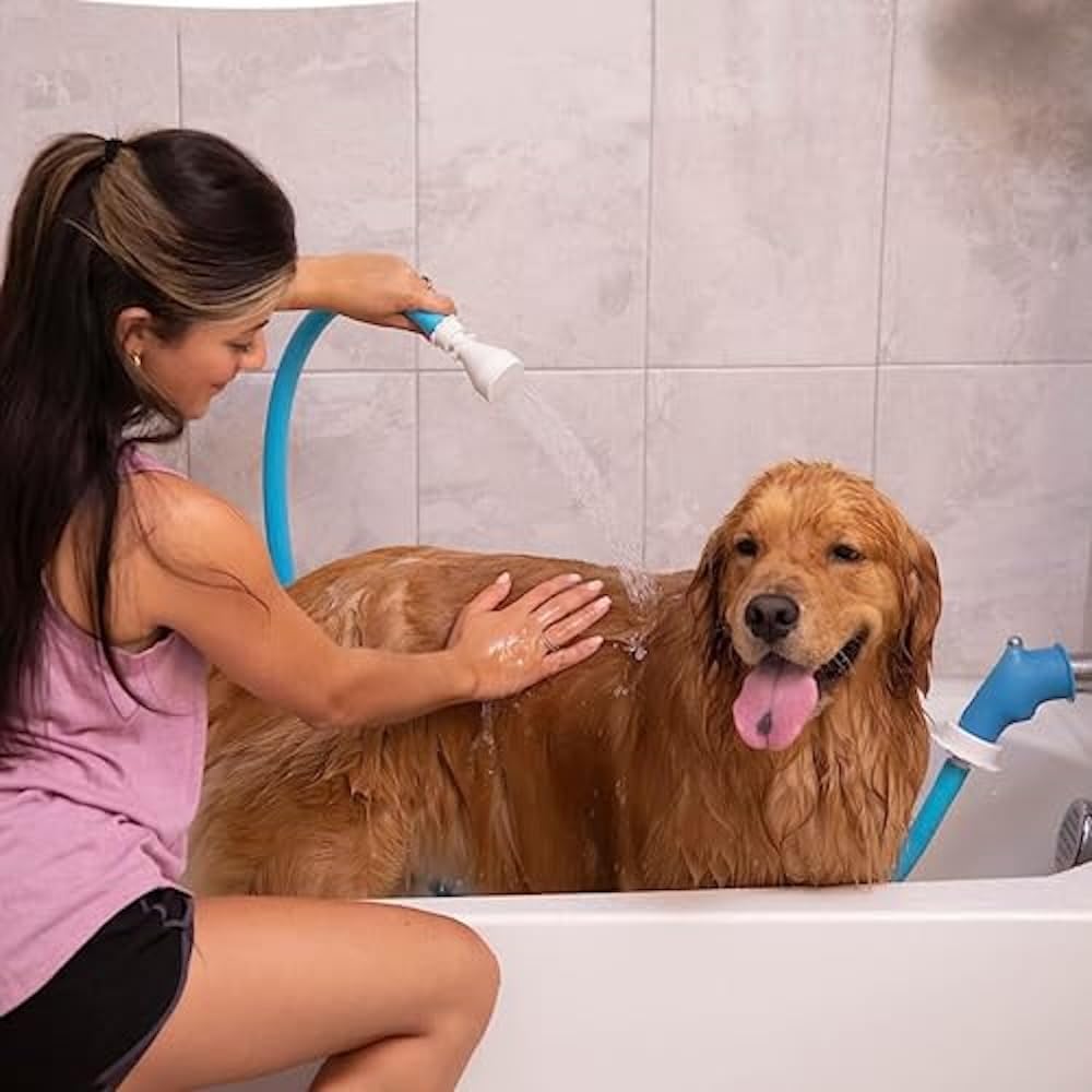Blue and white handheld dog shower with coiled hose and light blue grooming glove on white background.