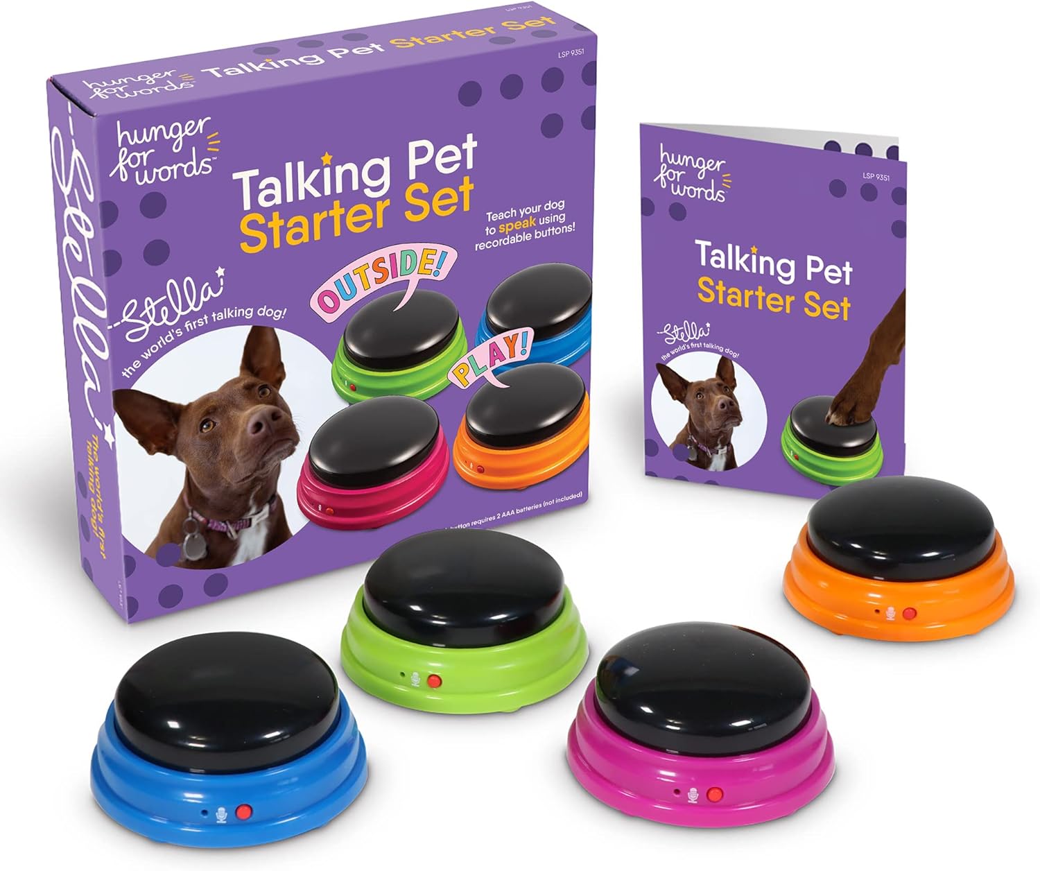 Hunger for Words Talking Pet Starter Set: purple box, booklet, and four recordable buttons with six additional colorful buttons.