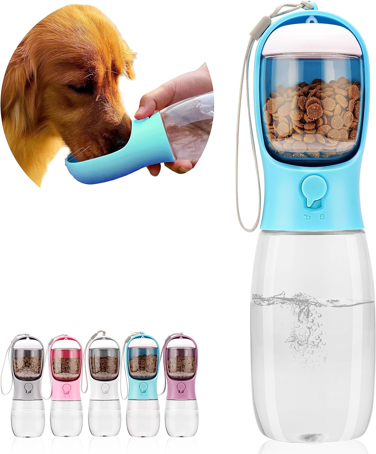Blue pet water and food dispenser used by a golden retriever, surrounded by pastel dispensers on a gray background.