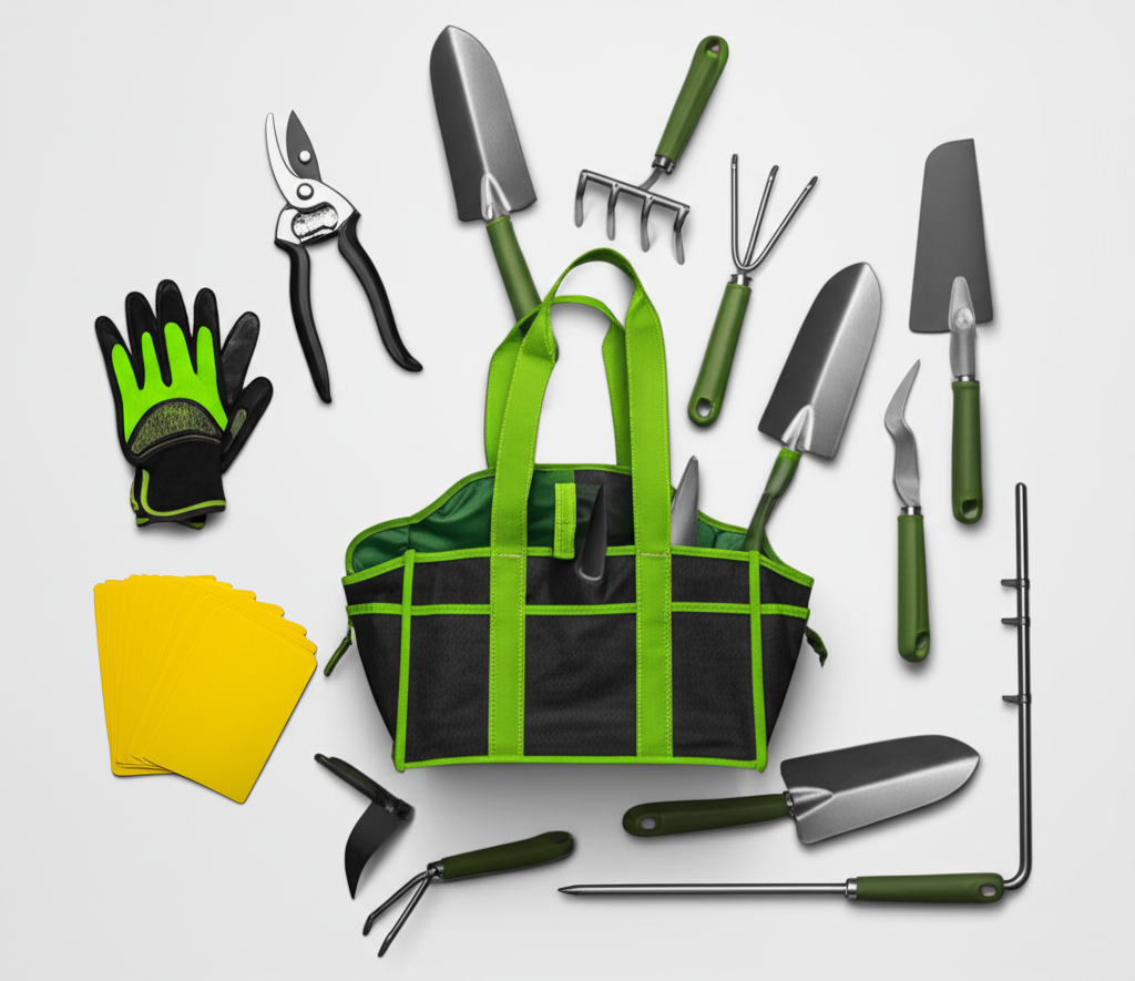 Diverse garden tool set with black-green tote, various hand tools, gloves, and plant tags on gray.