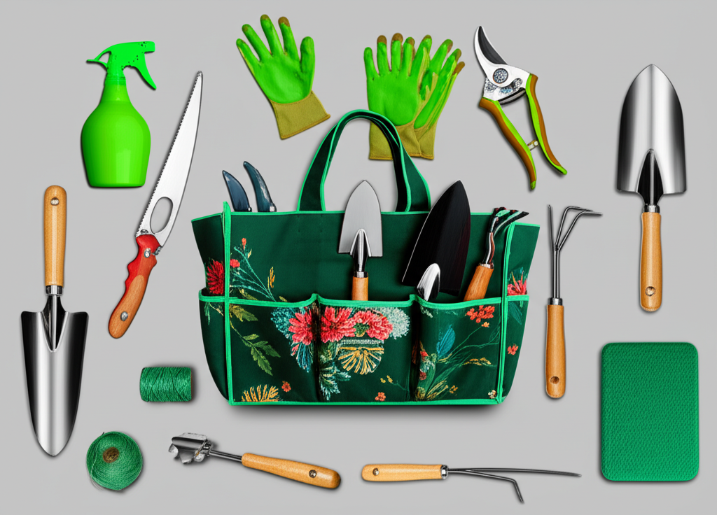 Green canvas tote bag filled with diverse gardening hand tools, including trowels, shears, gloves, and a spray bottle.