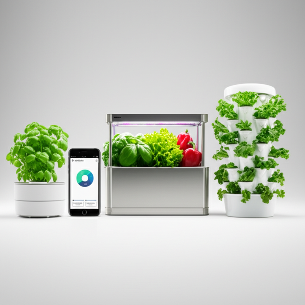 Modern hydroponic system growing herbs, lettuce, and peppers, with smart control and two companion units.