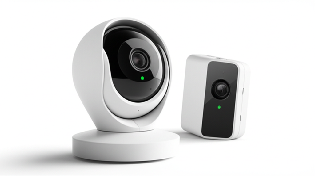 White spherical smart security camera with black lens and rectangular camera on white background.