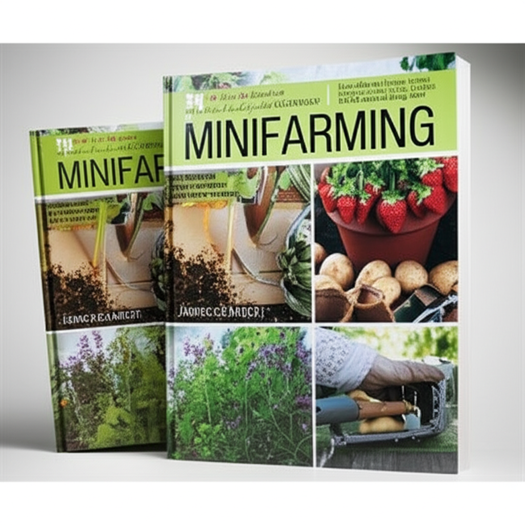 Upright 'MiniFARMING' book with detailed gardening vignettes, alongside 'The Home Garden Companion' on a light gray background.