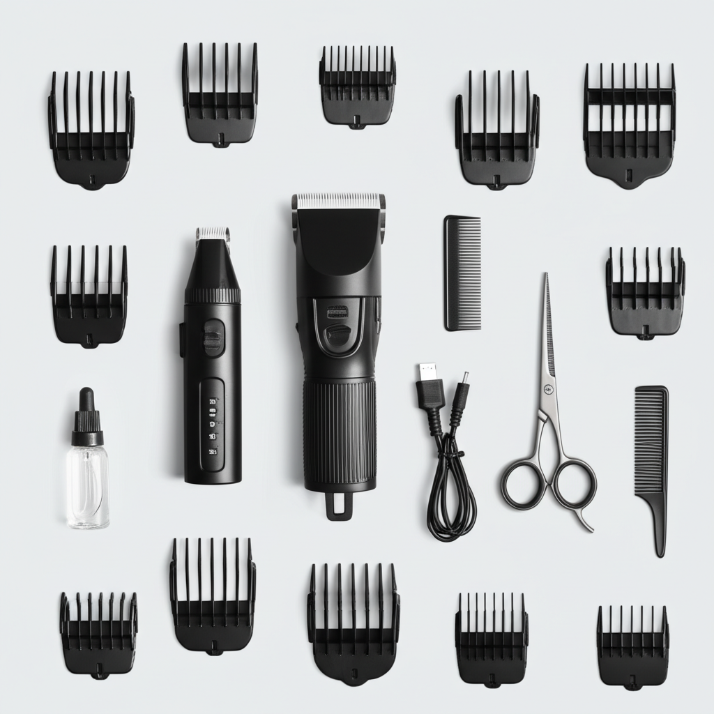 Professional pet grooming clipper set with detail trimmer, guide combs, and cleaning tools on gray.