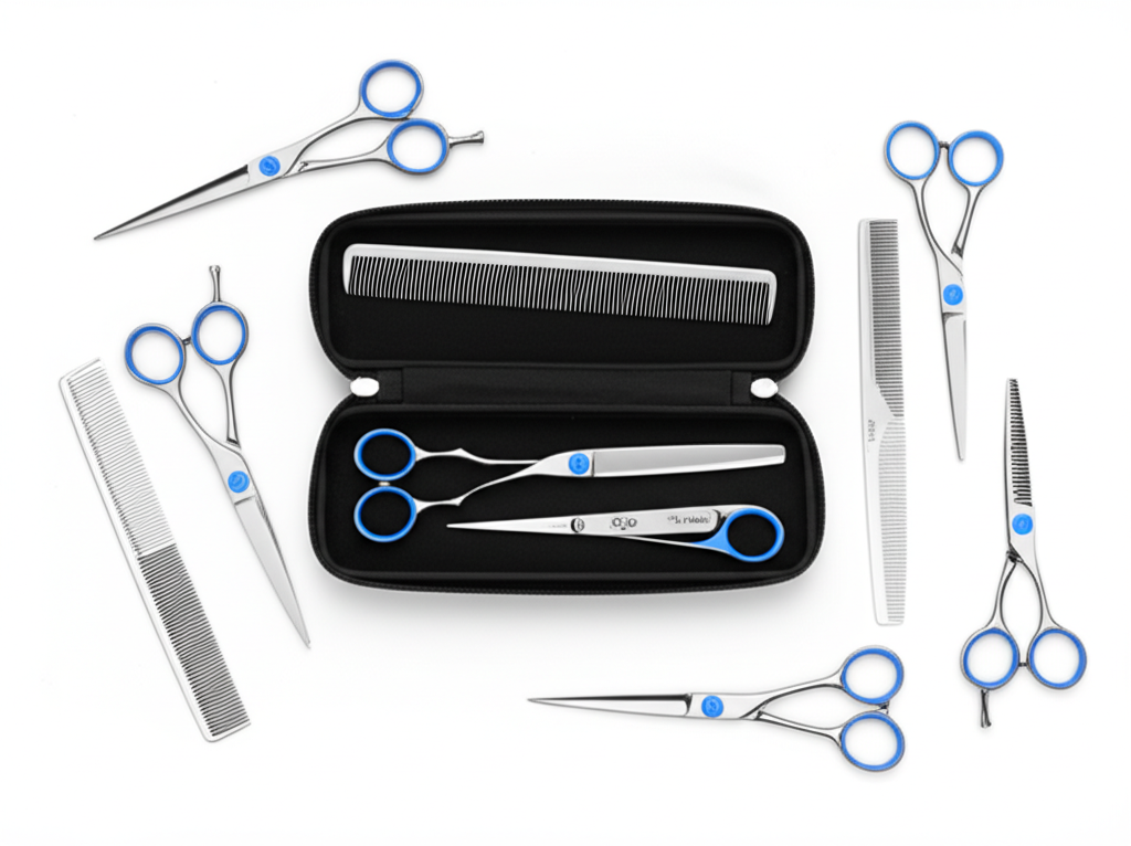 Open black case displays silver grooming scissors with blue rings and a metal comb, surrounded by more tools.