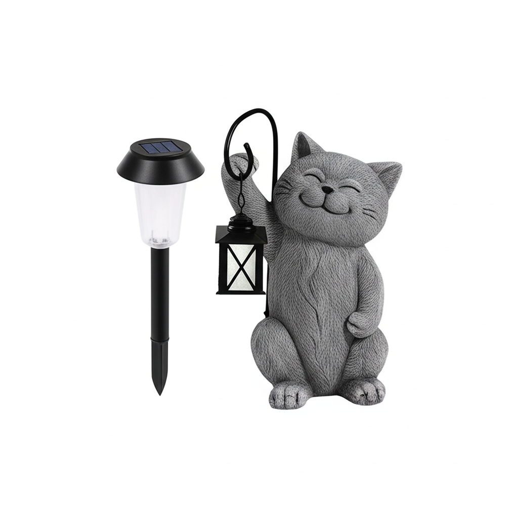 Smiling gray cat statue holding a black solar lantern, beside a sleek dark metal path light.