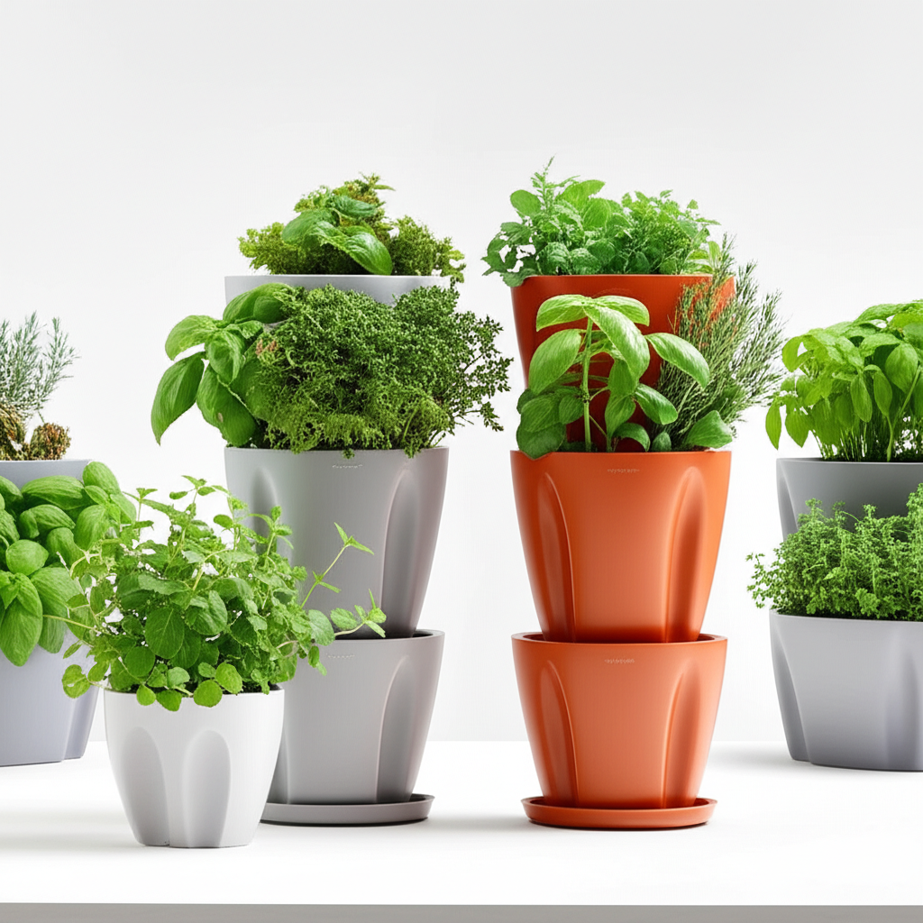 Grey and terracotta multi-tier planters, ceramic pot, and wall planter filled with fresh green herbs.