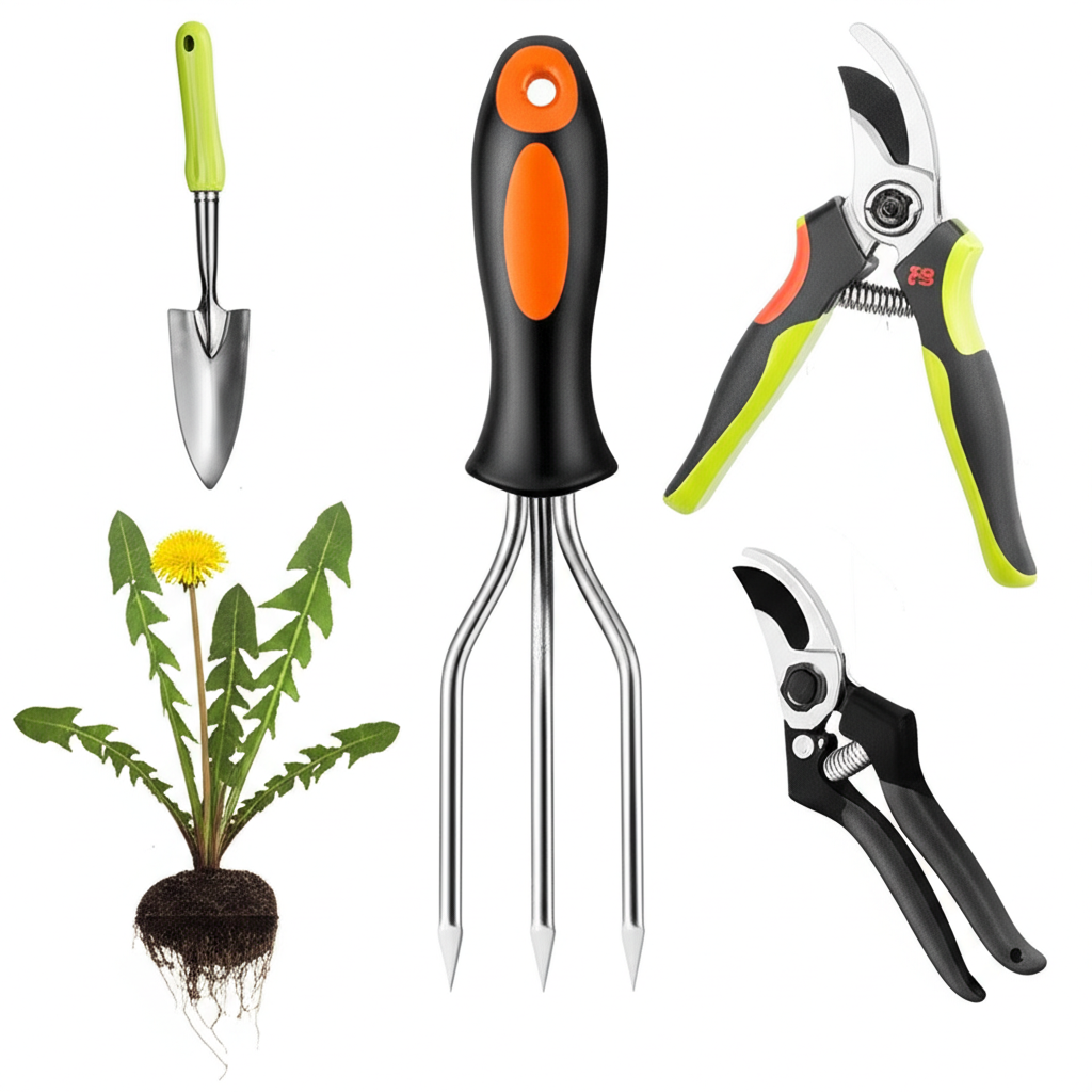 Ergonomic hand weeder, trowel, and shears with uprooted dandelion on white.