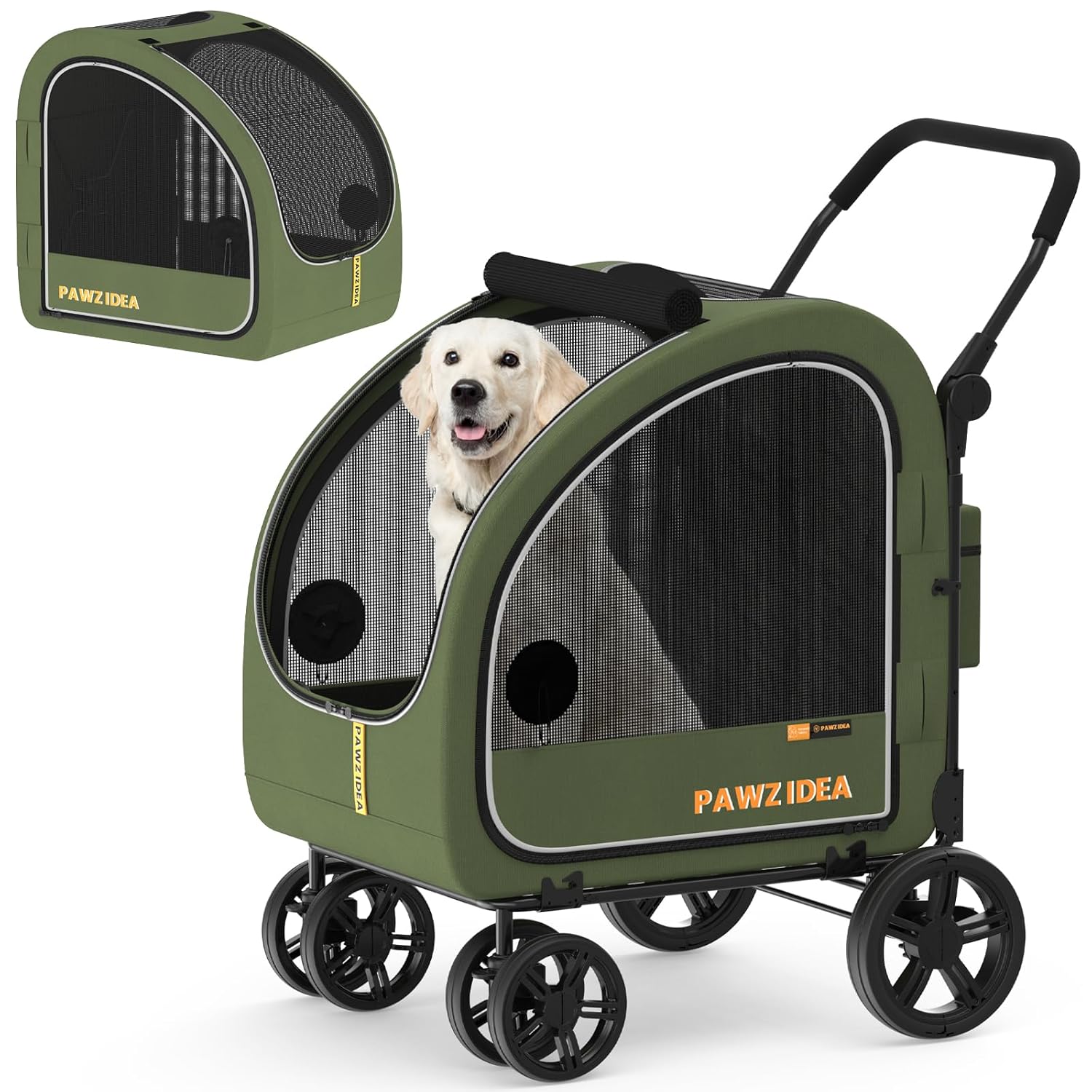 Olive green pet stroller with golden retriever, detached carrier, and separate frame parts on gray.