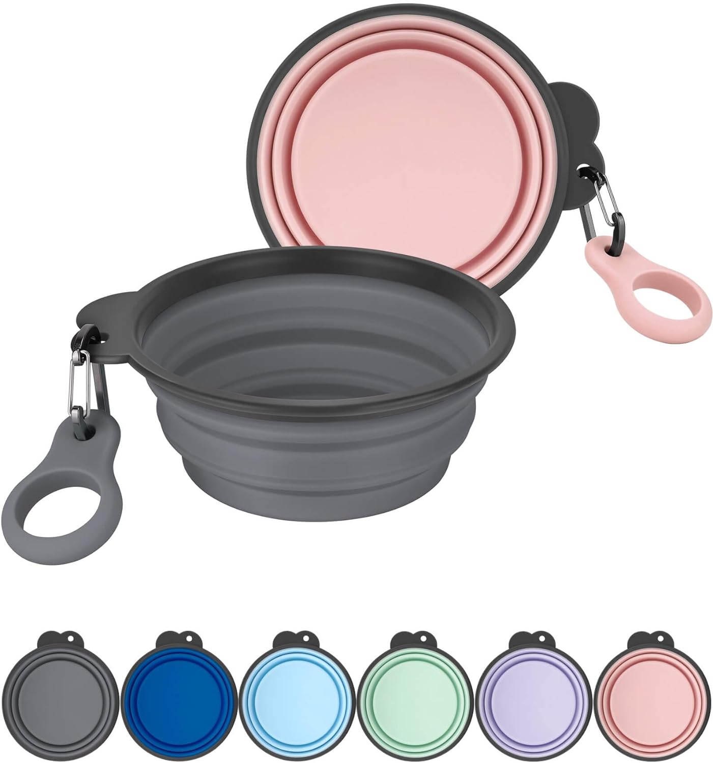 Expanded grey silicone pet travel bowl surrounded by collapsed colorful bowls with carabiners.