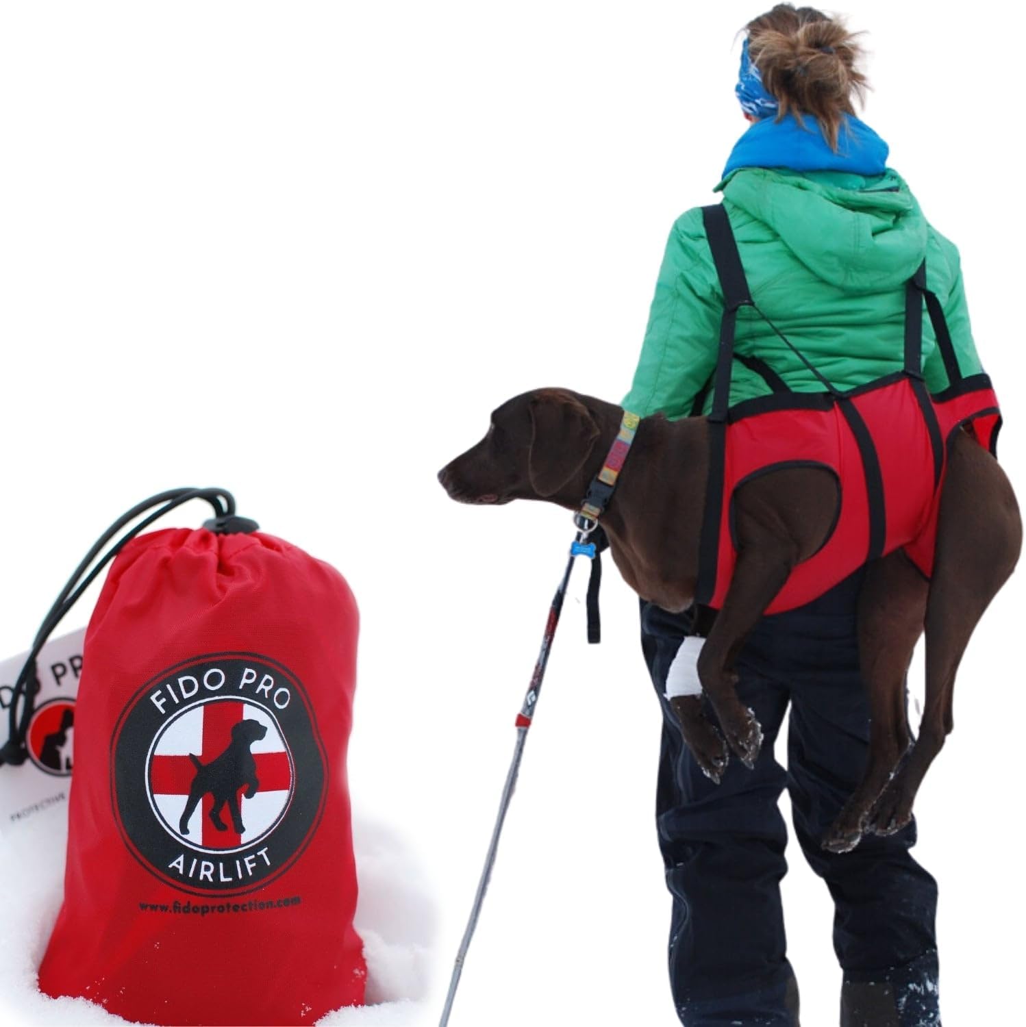 Chocolate Labrador retriever wearing a vibrant red rescue harness, with a matching bag and collapsible bowl on gray.