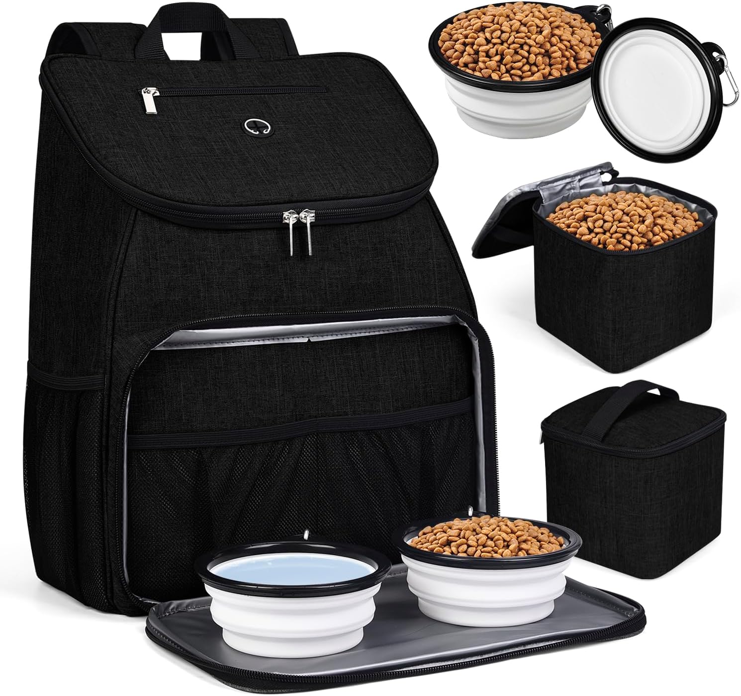Black pet travel backpack surrounded by six diverse pet travel accessories on a gray background.