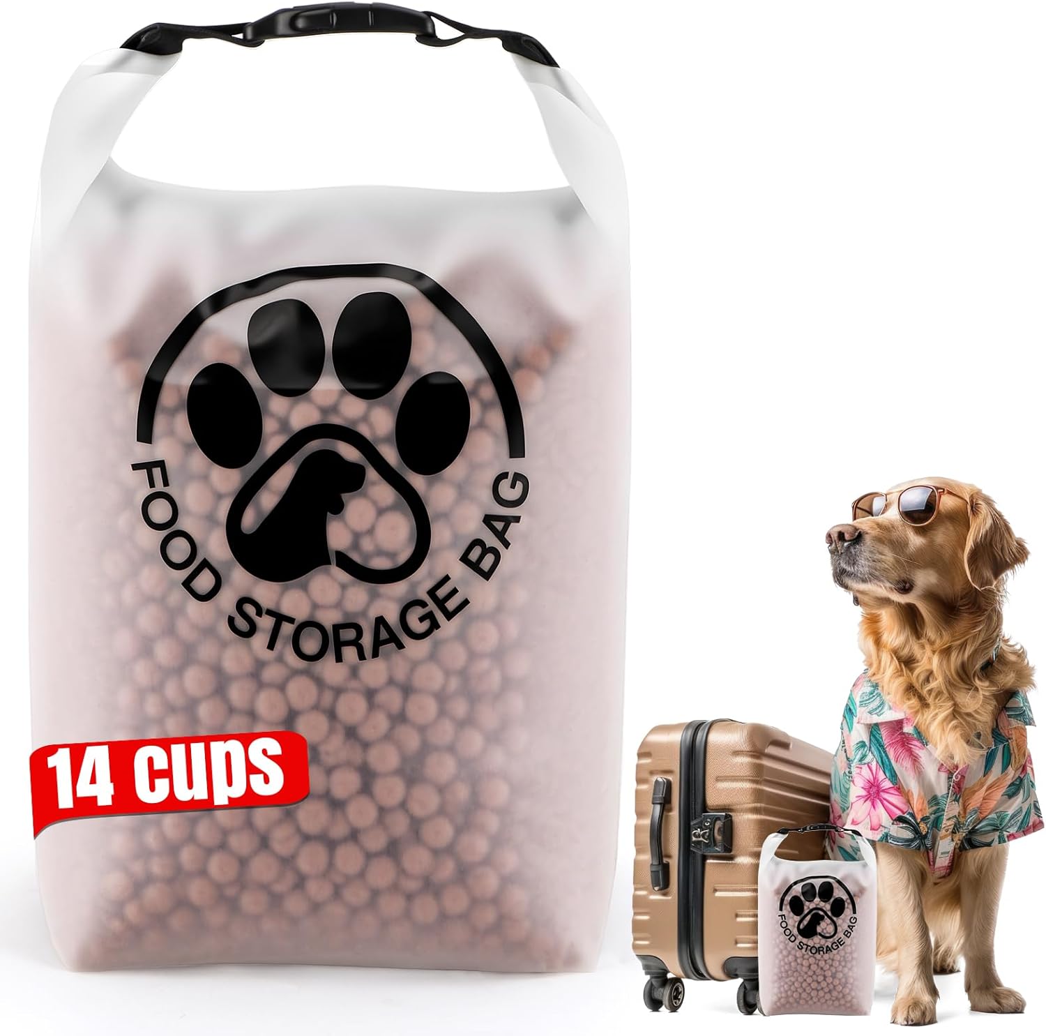 Large translucent pet food storage bag, smaller bag, collapsible bowl, suitcase, and dog in shirt.