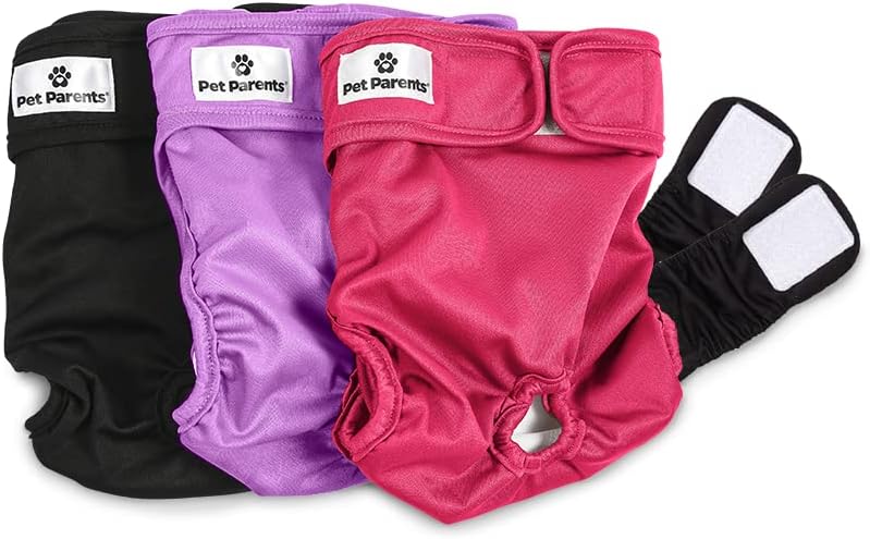 Four reusable pet diapers: purple, black, and fuchsia, on a clean white background.