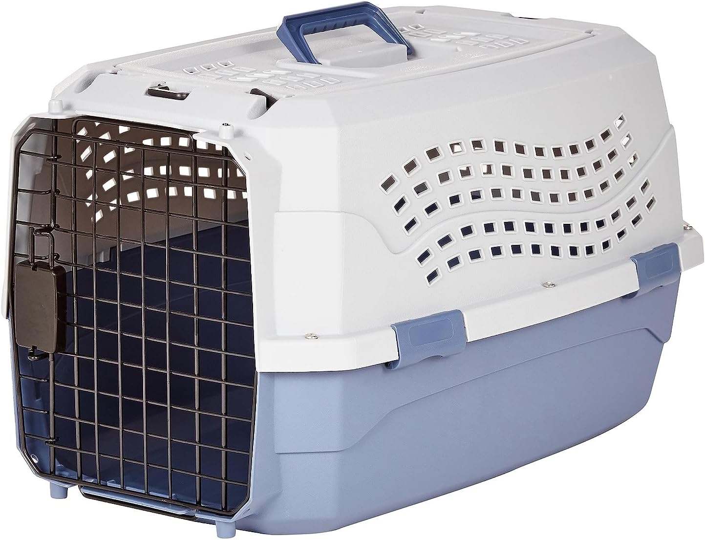 White and light blue pet carrier with metal door and blue handle on a white background.