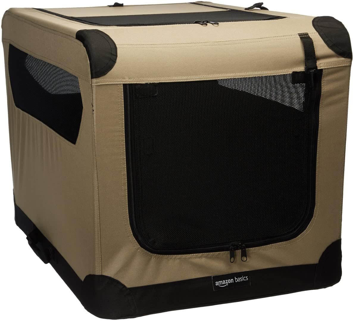 Beige and black soft-sided pet crate, one assembled, one compactly folded, on gray background.