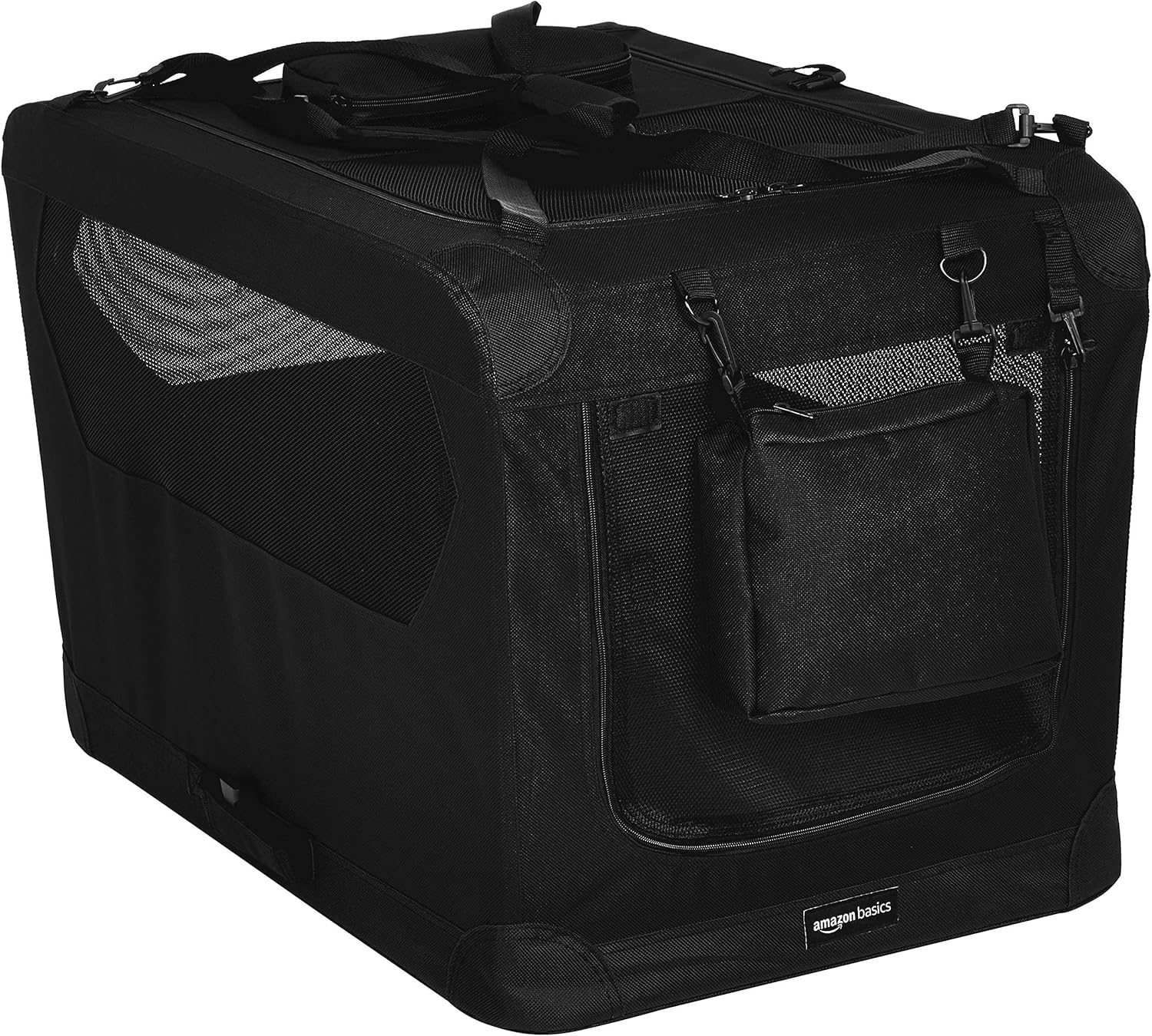Black soft-sided pet crate, fully assembled, with mesh windows, carrying straps, and front pouch.