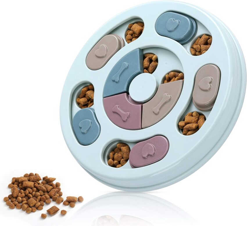 Light blue pet puzzle feeder, pastel green slow bowl, and pink wobble toy for interactive pet meals.