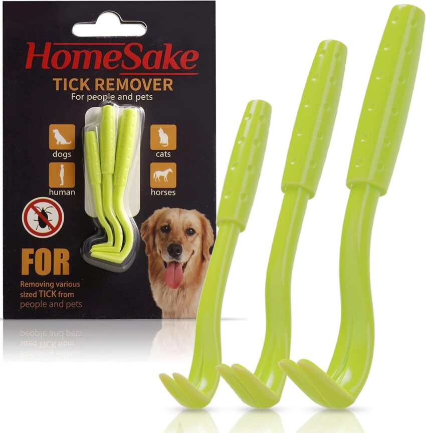 Three lime green tick removers, small, medium, and large, artfully arranged on a pure white background.
