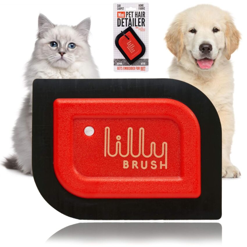 Red and black pet hair remover tool with a collection of matching brushes, lint roller, and deshedding accessories on gray.
