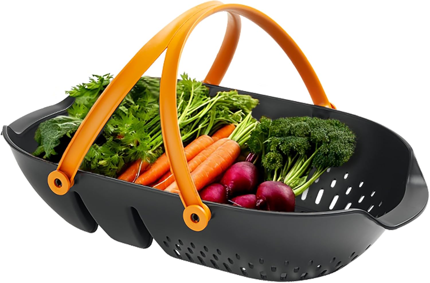 Dark gray colander with orange handle filled with crisp washed carrots, radishes, and parsley on white.