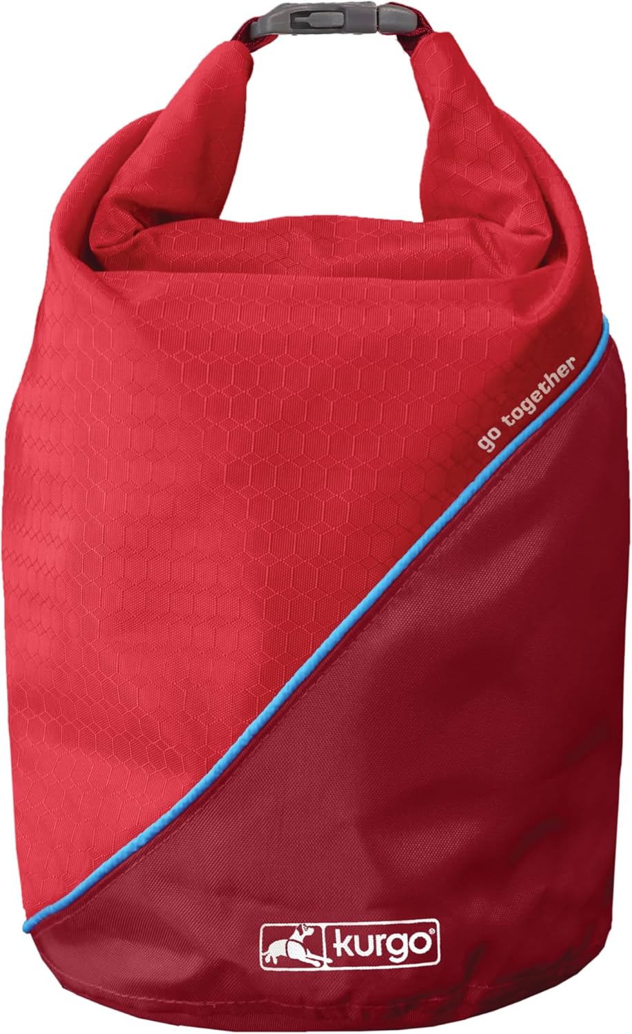 Upright red and maroon roll-top dry bag with blue stripe, hexagonal pattern.