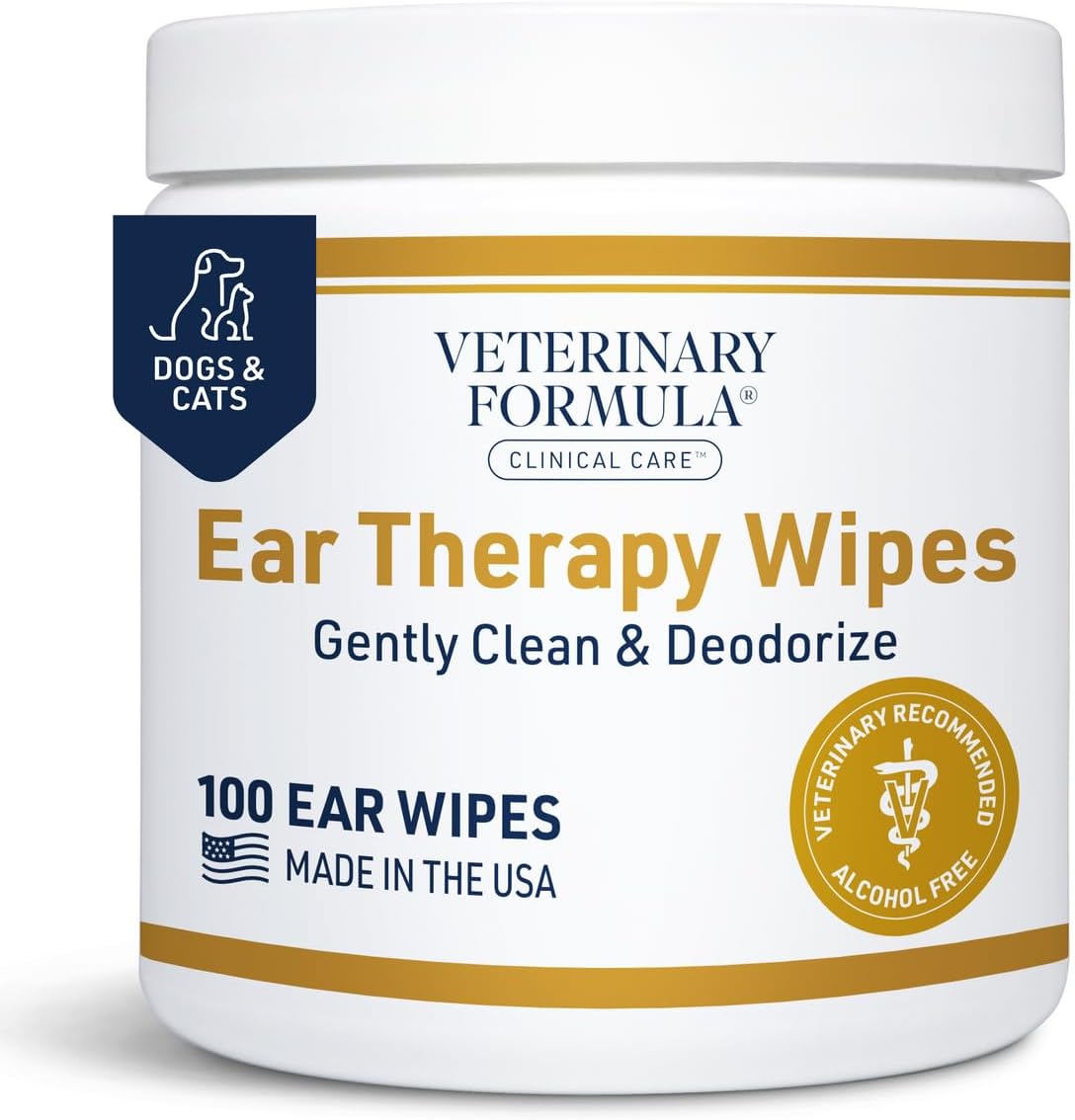 White cylindrical tub of pet ear wipes and slender cleaning solution bottle on a seamless white background.
