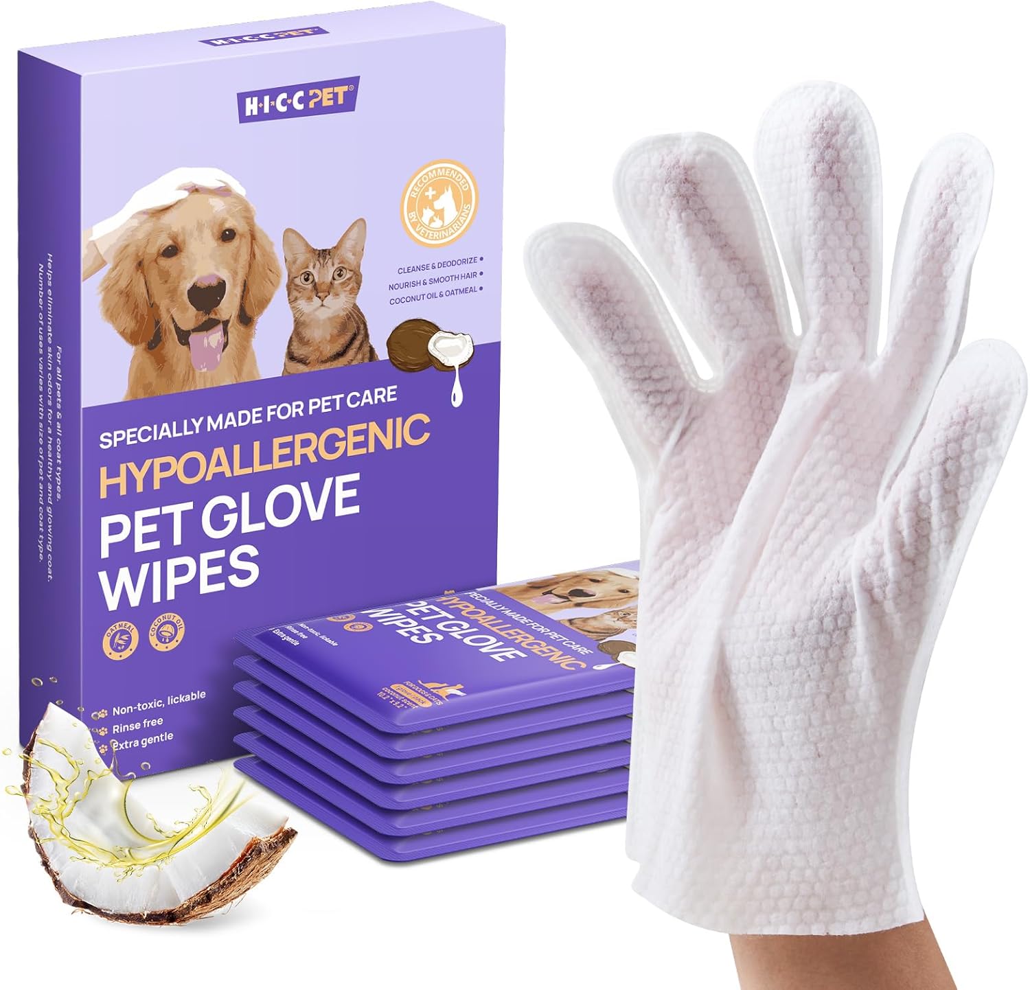 Purple pet wipe box surrounded by single-use packets, a gloved hand, split coconut, and an unfolded wipe.