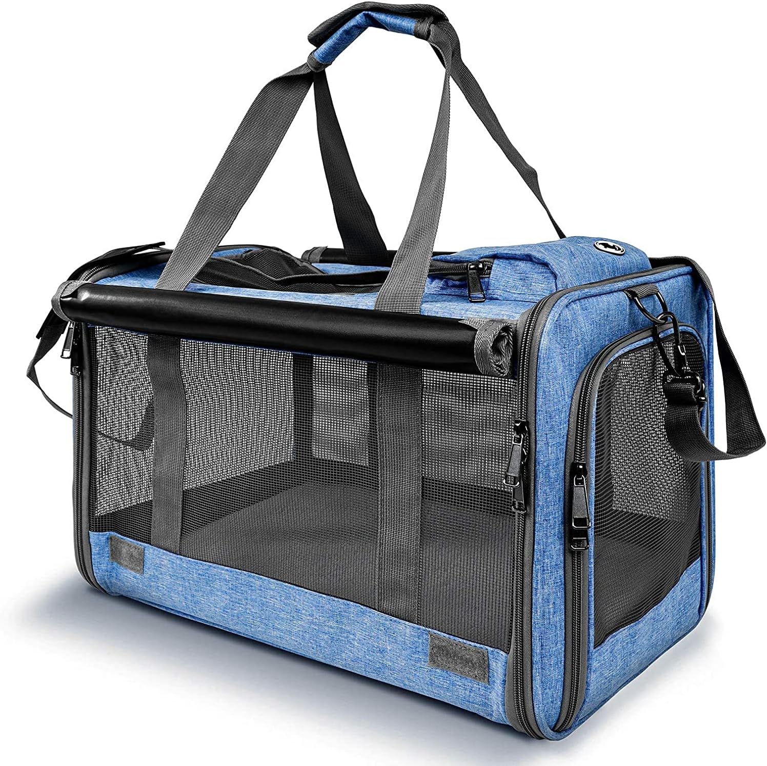 Two blue heathered soft-sided pet carriers, one upright, one angled, on a light gray background.