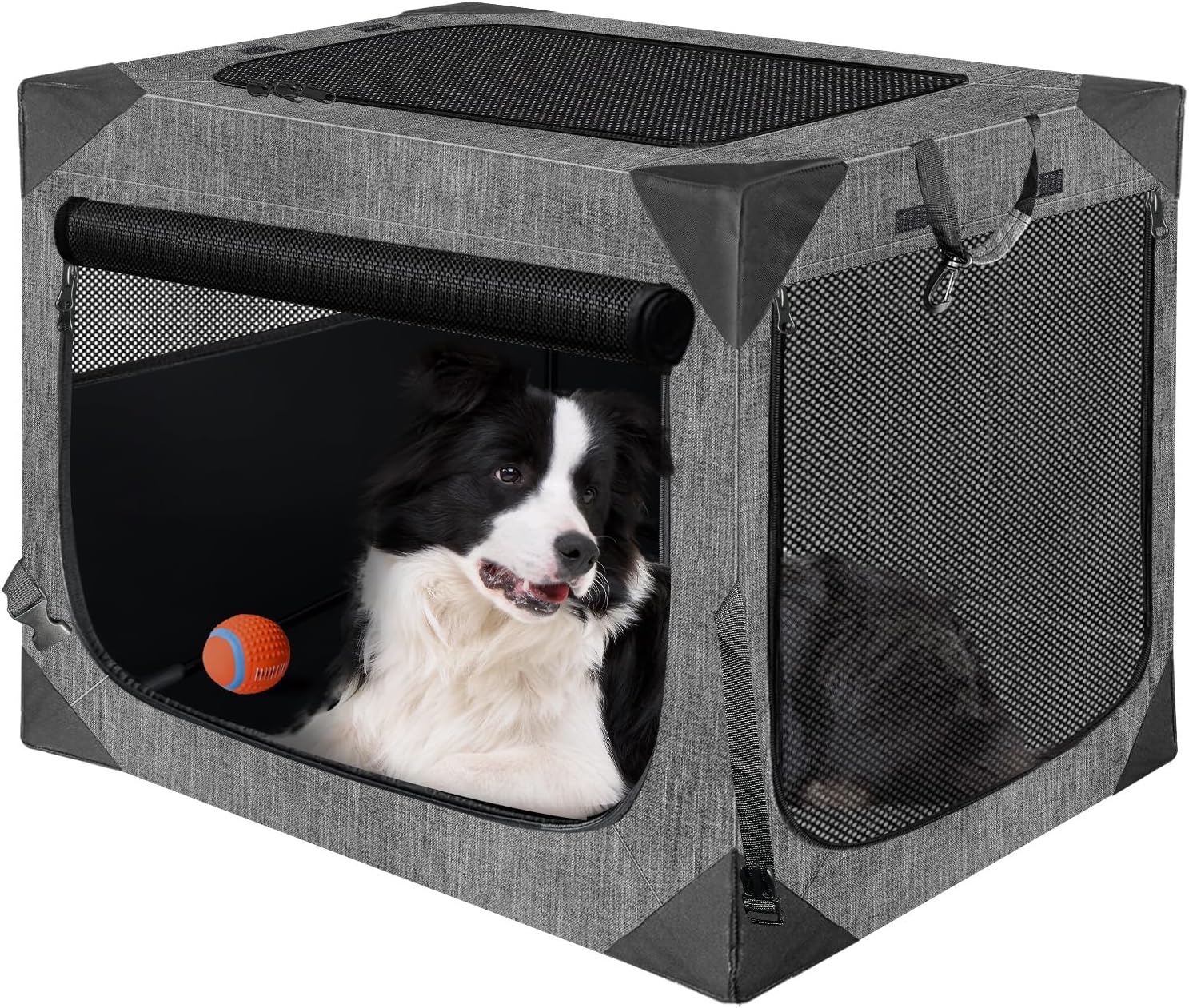 Grey soft-sided dog crate with Border Collie inside, surrounded by three other matching crates.