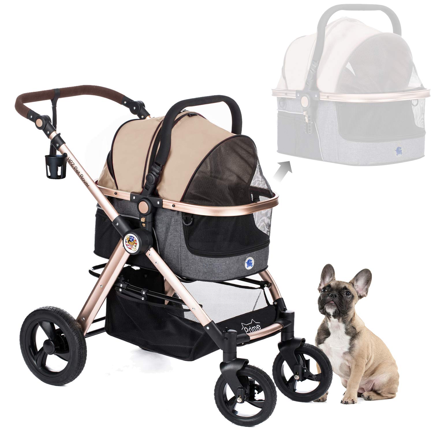 Stylish rose gold pet stroller with detachable tan carrier and black French Bulldog puppy.