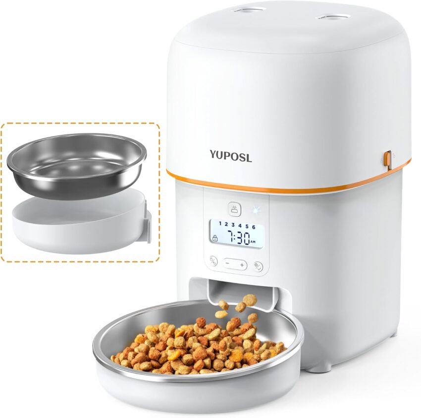 Modern white automatic pet feeder dispensing kibble into its two-part bowl, surrounded by matching pet feeding items.