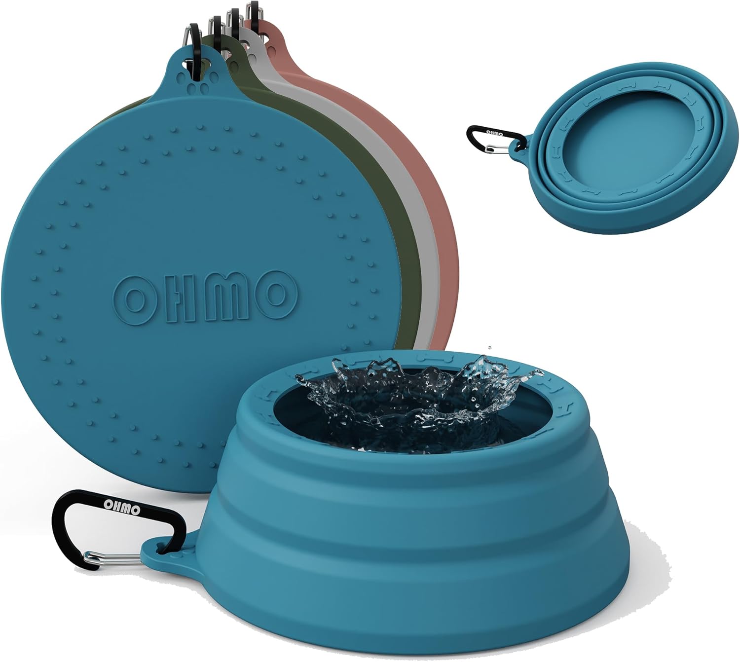 Teal collapsible pet bowl with splashing water, surrounded by colorful silicone accessories.