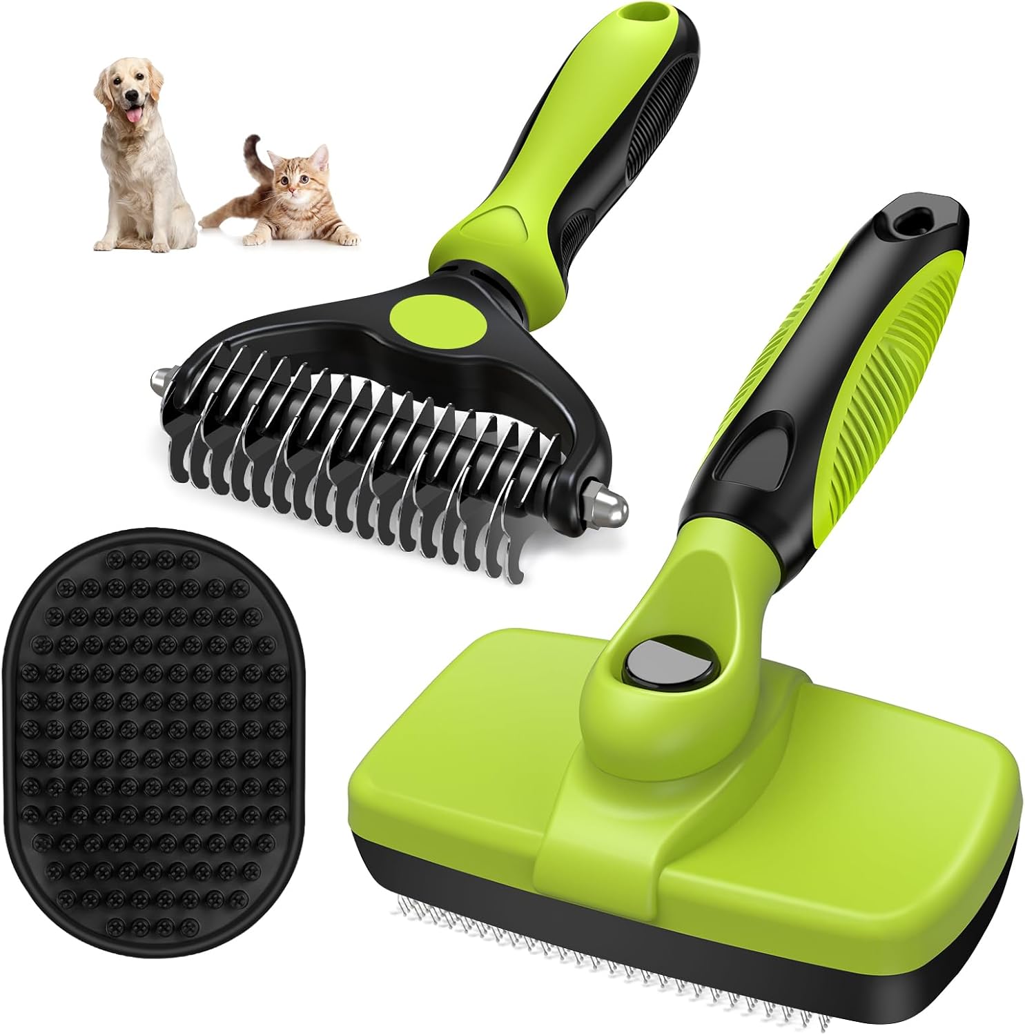 Green and black pet grooming tools: de-shedding rake, slicker brush, and rubber mitt on gray background.