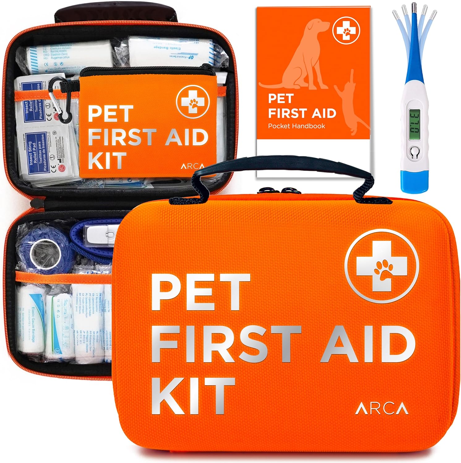 Vibrant orange pet first aid kits, one open, with thermometer and handbook on gray.