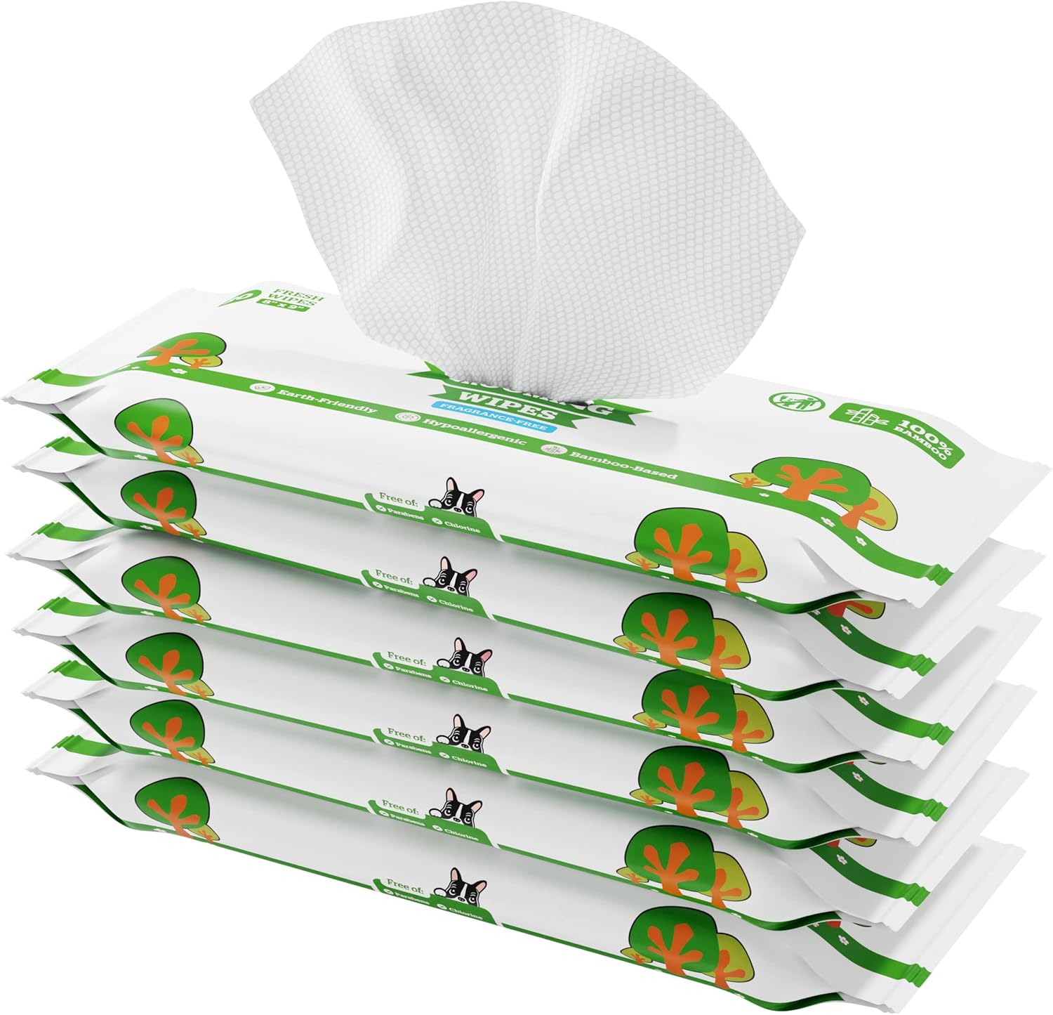 Six white and green wipe packages with dog and tree designs, one open with a wipe, on blue.