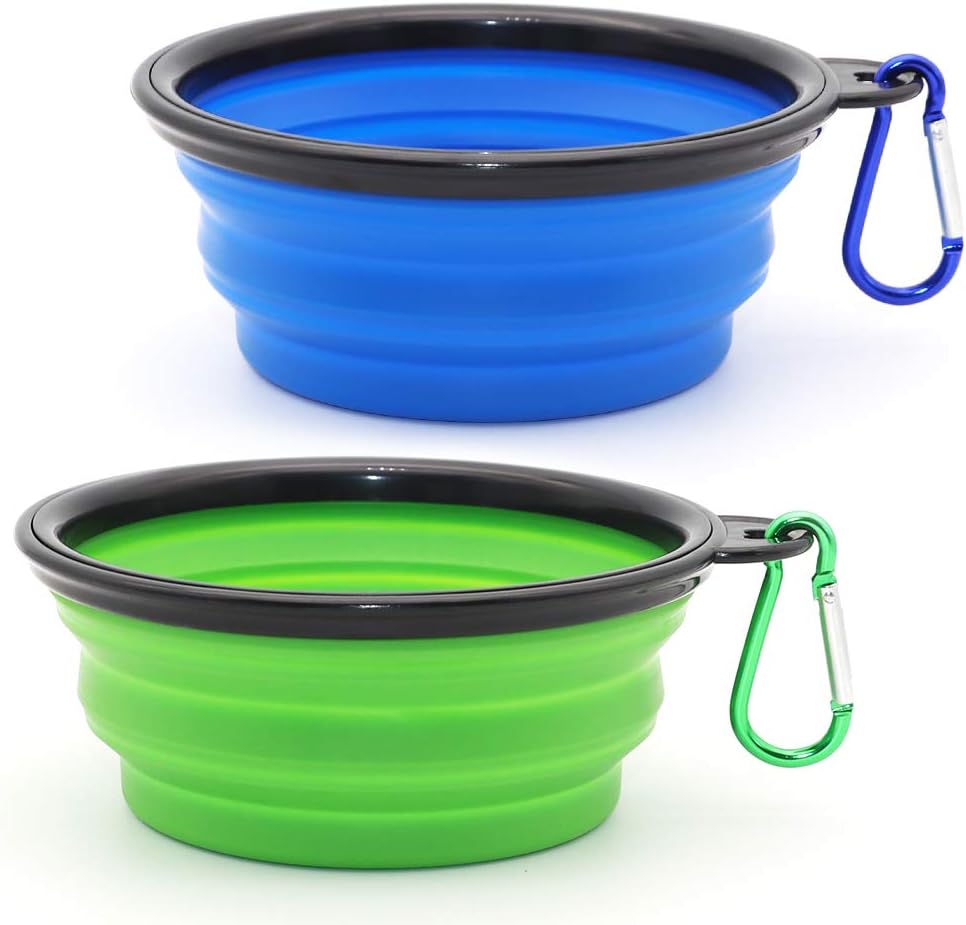 Expanded blue silicone collapsible pet bowl with folded green bowl on gray background.