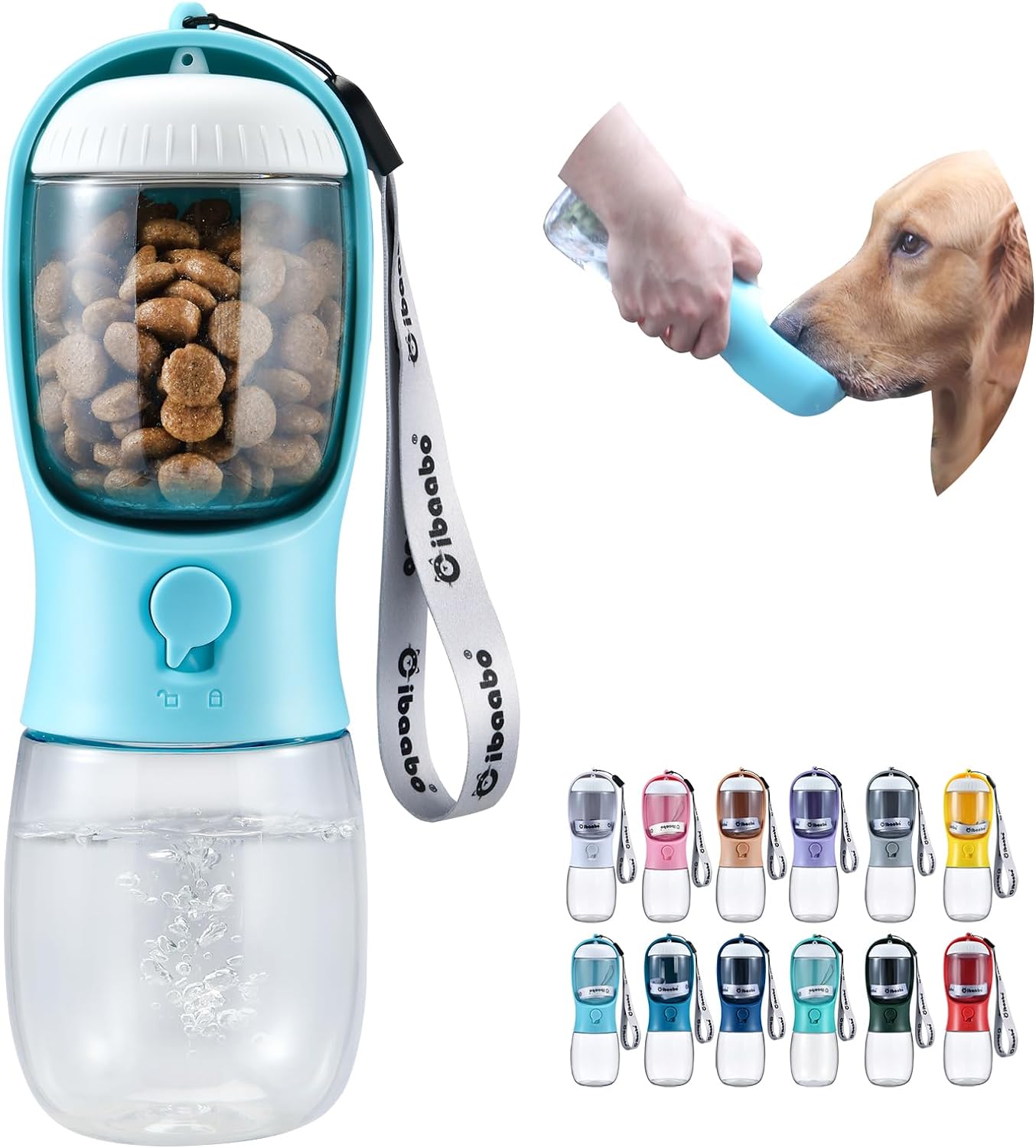 Blue portable pet travel bottle with dog drinking, second pink bottle on white background.