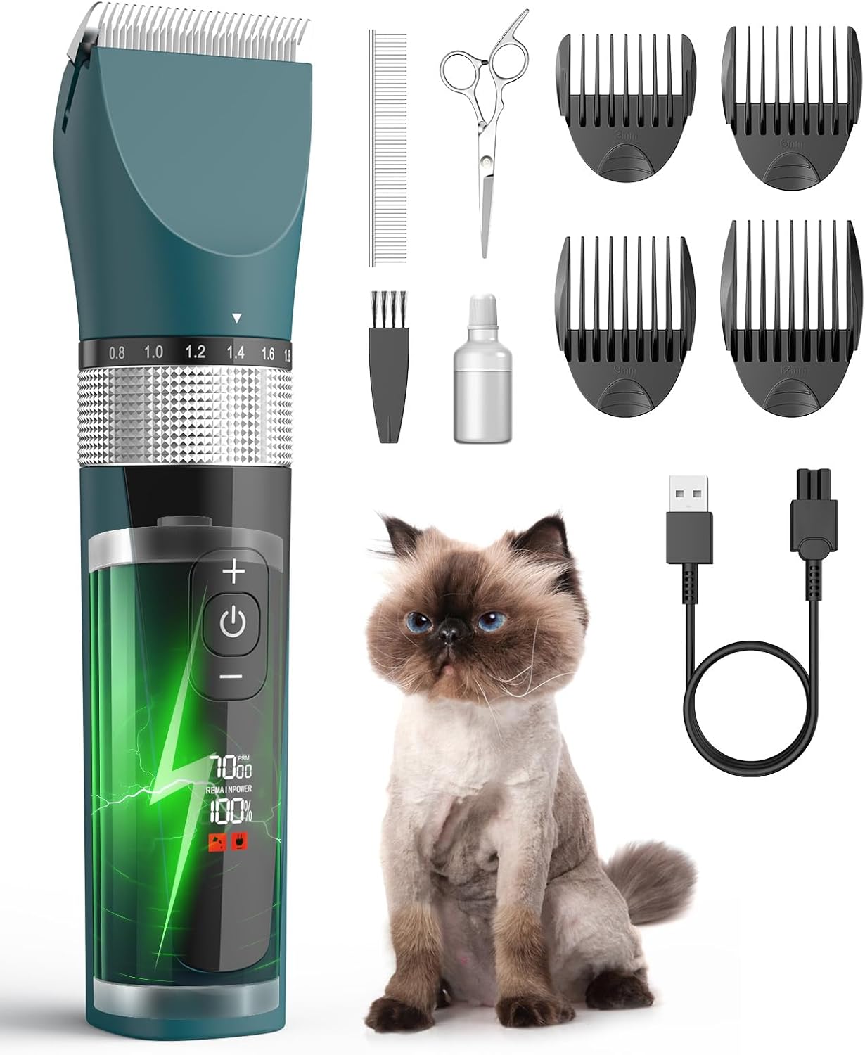 Teal pet hair clipper with digital display, surrounded by 10 grooming tools, including combs, scissors, and brush.