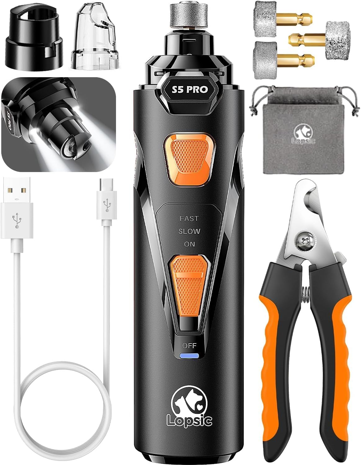 Flat lay of a comprehensive pet grooming kit with black and orange electric nail grinder and accessories.