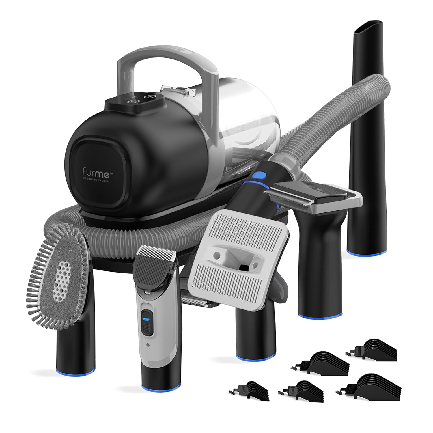 Photorealistic pet grooming vacuum system with sleek black main unit, hose, and eleven diverse dark grey attachments.