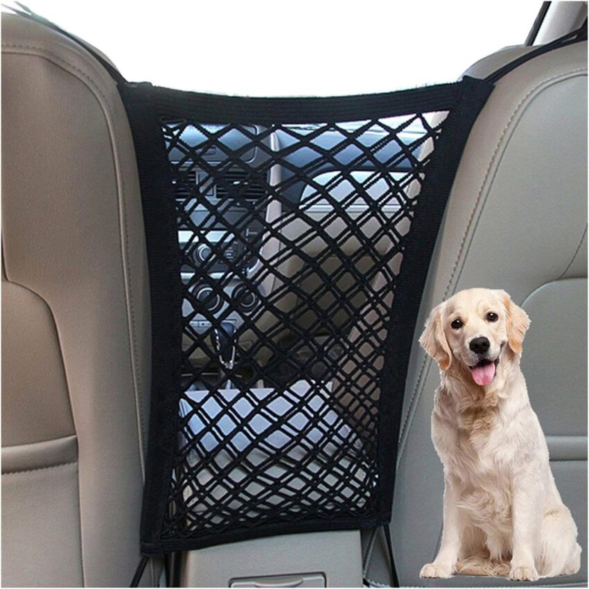 Black stretchy mesh car net for storage and pet barrier, with a second net partially flattened on white.