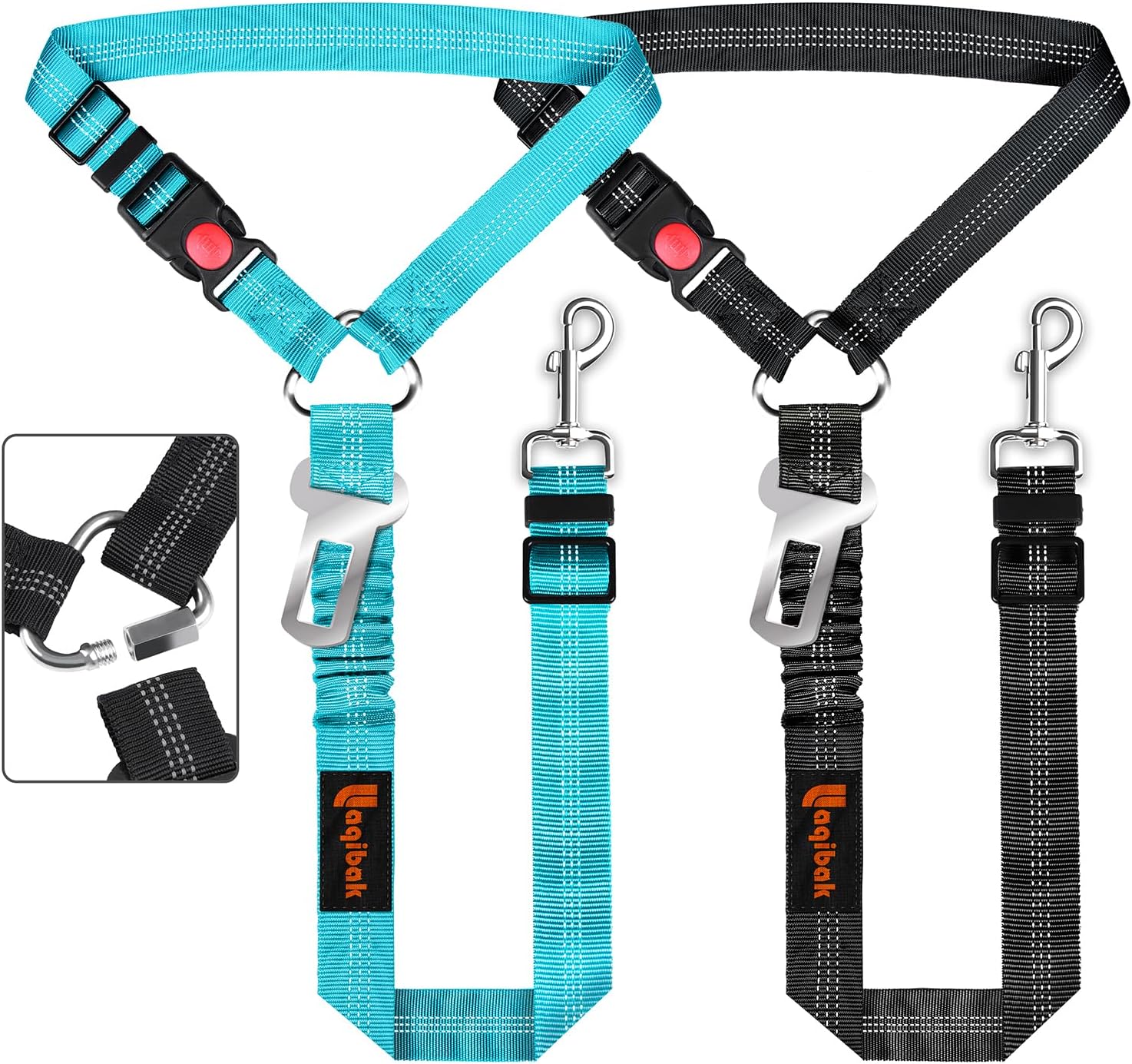 Teal and black dog car seat belts, highlighting adjustable buckles, clips, and reflective stitching.